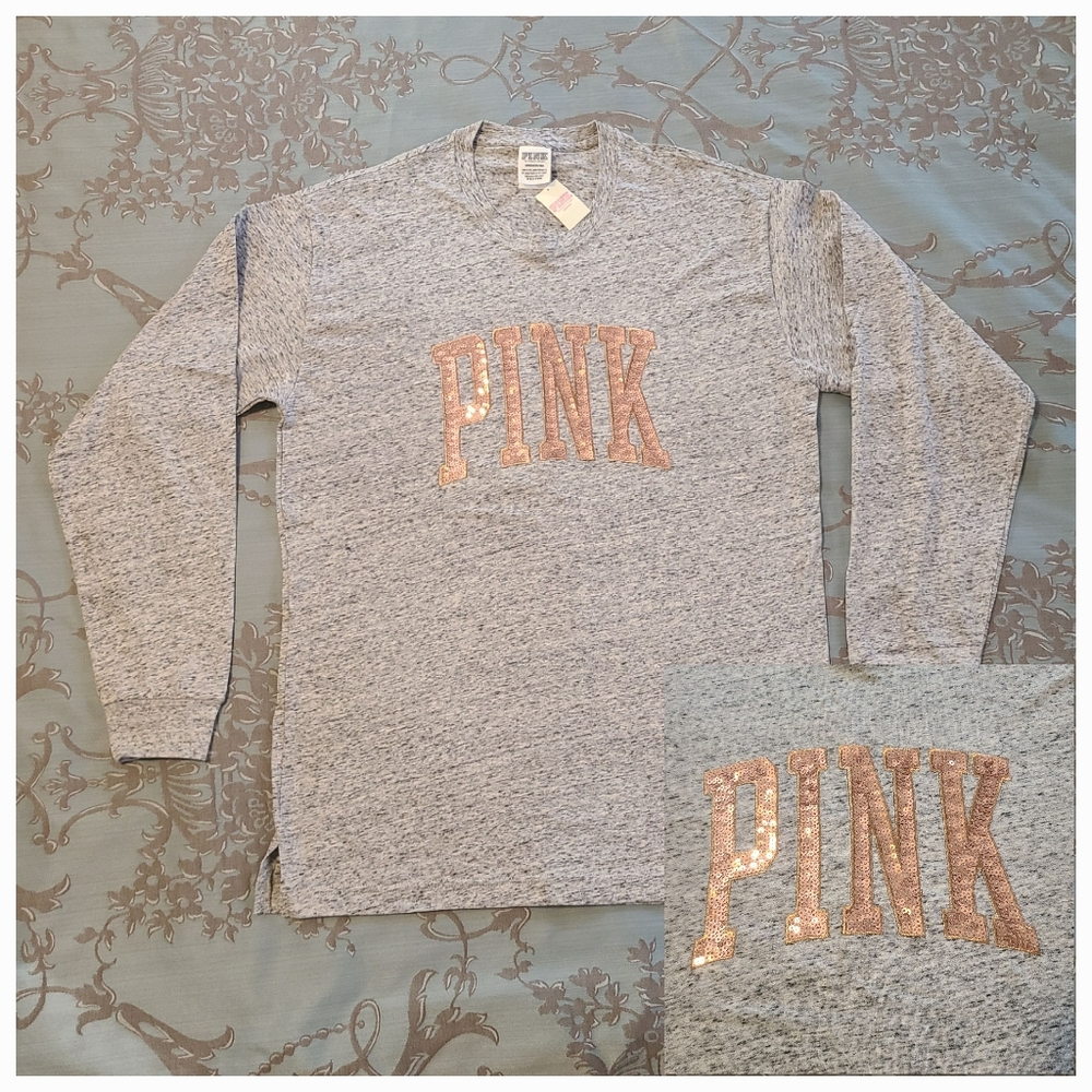 Victoria's Secret PINK Bling Long Sleeve Tee Heathered Gray Rose Gold Size Small
